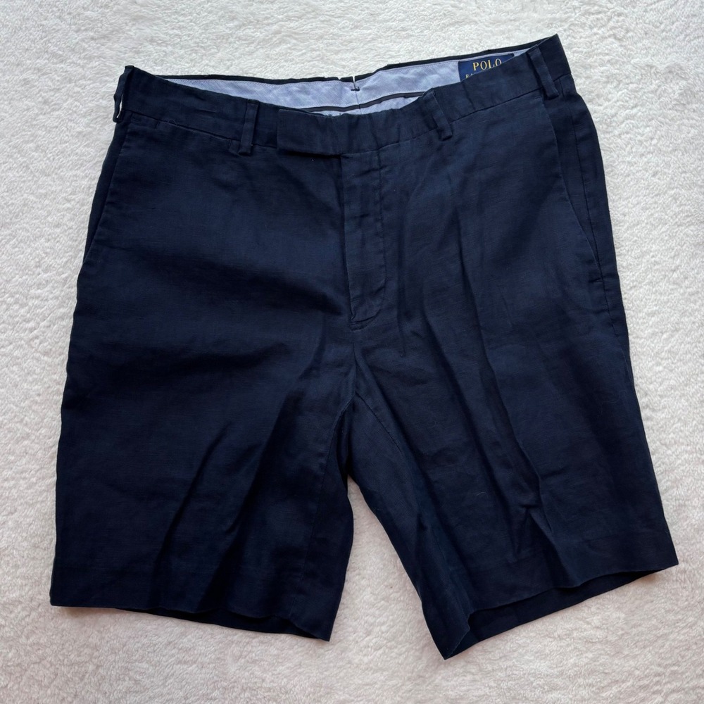 Polo Ralph Lauren Mens Navy Blue 100% Linen Straight Fit Shorts Size 32